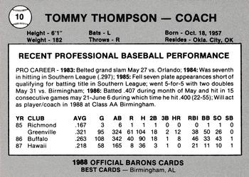 1988 Best Birmingham Barons #10 Tommy Thompson Back