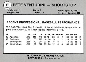 1988 Best Birmingham Barons #11 Pete Venturini Back