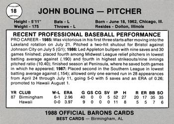 1988 Best Birmingham Barons #18 John Boling Back