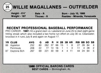 1988 Best Birmingham Barons #25 Willie Magallanes Back