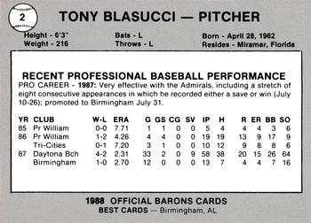 1988 Best Birmingham Barons #2 Tony Blasucci Back