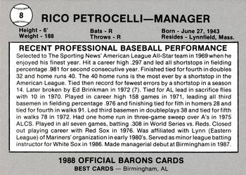 1988 Best Birmingham Barons #8 Rico Petrocelli Back