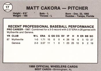 1988 Best Charleston Wheelers #17 Matt Cakora Back