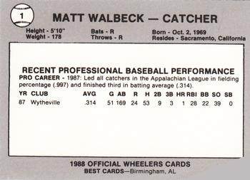 1988 Best Charleston Wheelers #1 Matt Walbeck Back