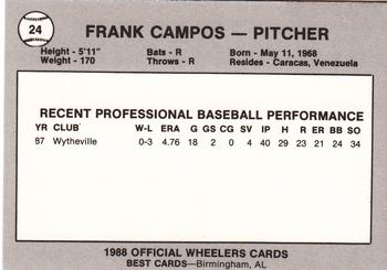 1988 Best Charleston Wheelers #24 Frank Campos Back
