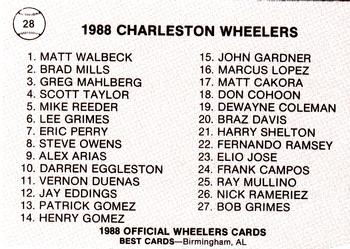 1988 Best Charleston Wheelers #28 Checklist Back