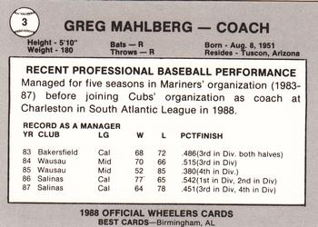 1988 Best Charleston Wheelers #3 Greg Mahlberg Back