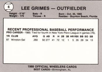 1988 Best Charleston Wheelers #6 Lee Grimes Back