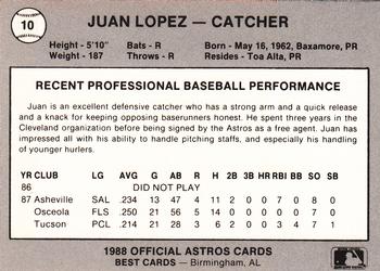 1988 Best Columbus Astros #10 Juan Lopez Back