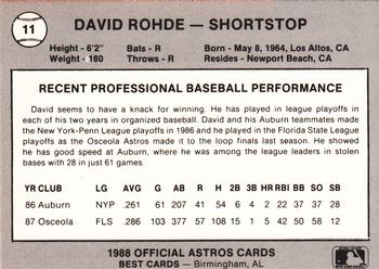 1988 Best Columbus Astros #11 Dave Rohde Back