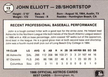 1988 Best Columbus Astros #13 John Elliott Back