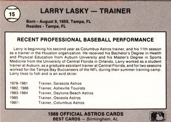 1988 Best Columbus Astros #15 Larry Lasky Back