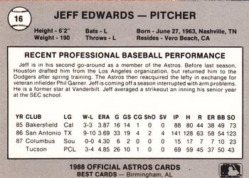 1988 Best Columbus Astros #16 Jeff Edwards Back