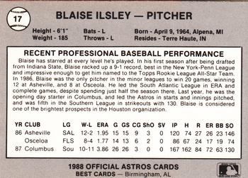 1988 Best Columbus Astros #17 Blaise Ilsley Back