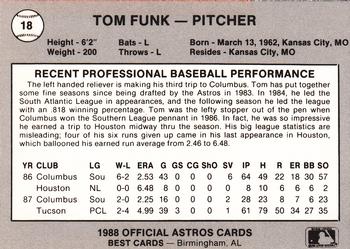 1988 Best Columbus Astros #18 Tom Funk Back