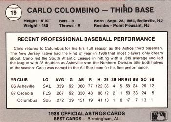 1988 Best Columbus Astros #19 Carlo Colombino Back