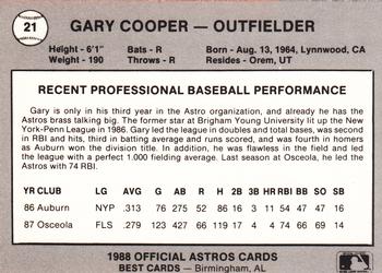 1988 Best Columbus Astros #21 Gary Cooper Back