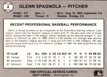 1988 Best Columbus Astros #4 Glenn Spagnola Back