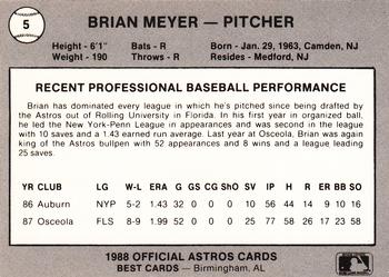 1988 Best Columbus Astros #5 Brian Meyer Back