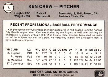 1988 Best Columbus Astros #6 Ken Crew Back