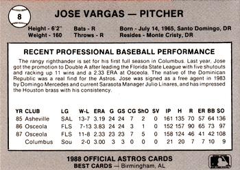 1988 Best Columbus Astros #8 Jose Vargas Back