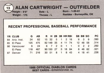1988 Best El Paso Diablos #13 Alan Cartwright Back