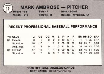 1988 Best El Paso Diablos #15 Mark Ambrose Back