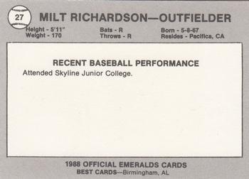 1988 Best Eugene Emeralds #27 Milt Richardson Back