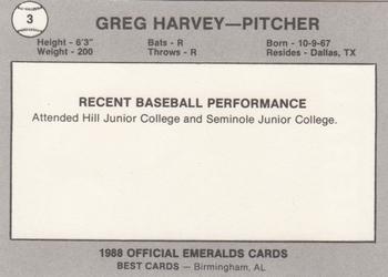 1988 Best Eugene Emeralds #3 Greg Harvey Back