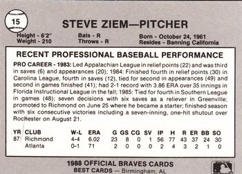 1988 Best Greenville Braves #15 Steve Ziem Back