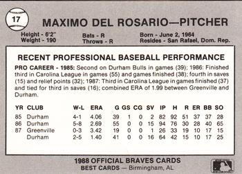 1988 Best Greenville Braves #17 Maximo Del Rosario Back