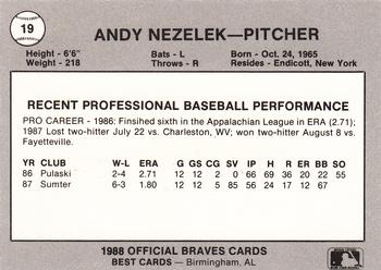 1988 Best Greenville Braves #19 Andy Nezelek Back