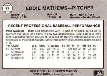 1988 Best Greenville Braves #22 Eddie Mathews Back
