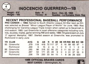 1988 Best Greenville Braves #4 Inocencio Guerrero Back