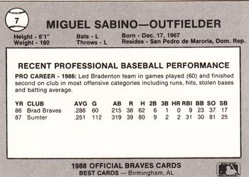 1988 Best Greenville Braves #7 Miguel Sabino Back