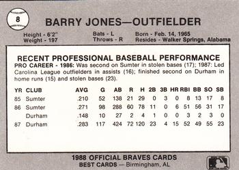 1988 Best Greenville Braves #8 Barry Jones Back