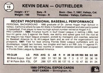 1988 Best Jacksonville Expos #13 Kevin Dean Back
