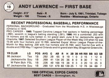 1988 Best Jacksonville Expos #19 Andy Lawrence Back