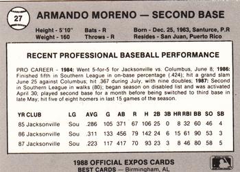 1988 Best Jacksonville Expos #27 Armando Moreno Back