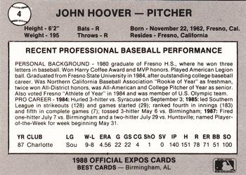 1988 Best Jacksonville Expos #4 John Hoover Back