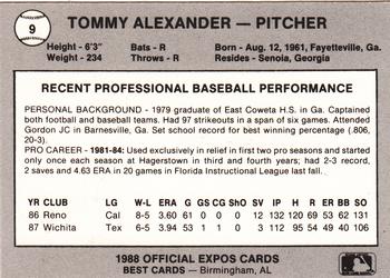 1988 Best Jacksonville Expos #9 Tommy Alexander Back