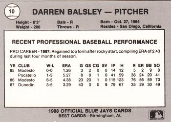 1988 Best Knoxville Blue Jays #10 Darren Balsley Back