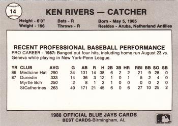1988 Best Knoxville Blue Jays #14 Ken Rivers Back