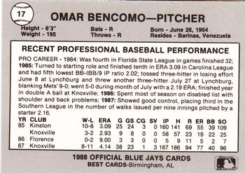1988 Best Knoxville Blue Jays #17 Omar Bencomo Back