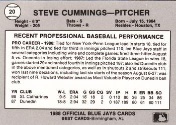 1988 Best Knoxville Blue Jays #20 Steve Cummings Back