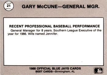 1988 Best Knoxville Blue Jays #21 Gary McCune Back
