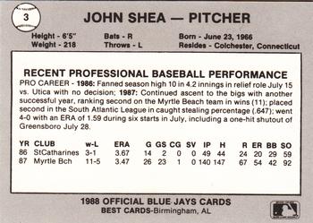 1988 Best Knoxville Blue Jays #3 John Shea Back