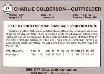 1988 Best Memphis Chicks #17 Charlie Culberson Back