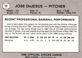 1988 Best Memphis Chicks #18 Jose DeJesus Back