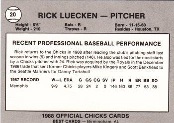 1988 Best Memphis Chicks #20 Rick Luecken Back